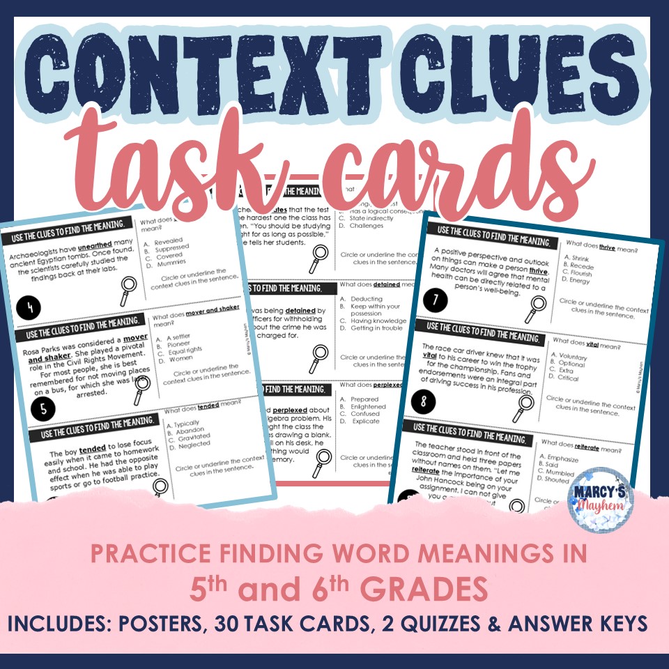 Context Clues Task Cards Practice Worksheet Vocabulary Activities 5th 6th Grade Cover