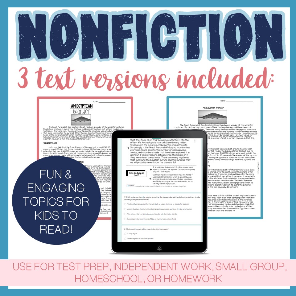 Nonfiction reading comprehension passages with questions & writing responses