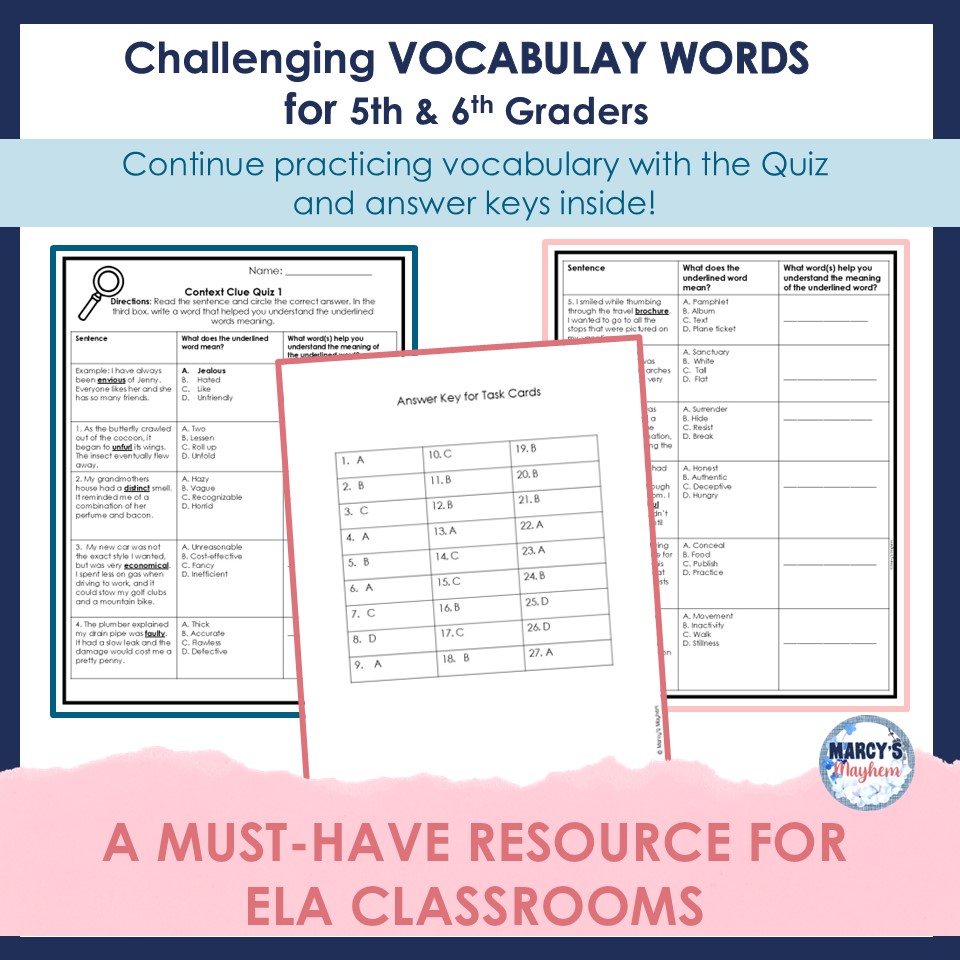 Context Clues Task Cards Practice Worksheet Vocabulary Activities 5th 6th Grade - Image 4
