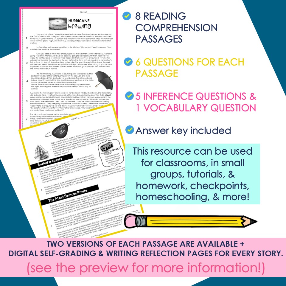 Making inferences reading passages worksheets 4th, 5th grade Marcy's Mayhem