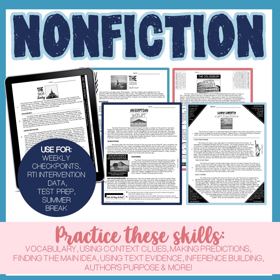 Nonfiction reading comprehension passages with questions & writing responses Marcy's Mayhem