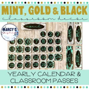 Mint, gold and black calendar decor set