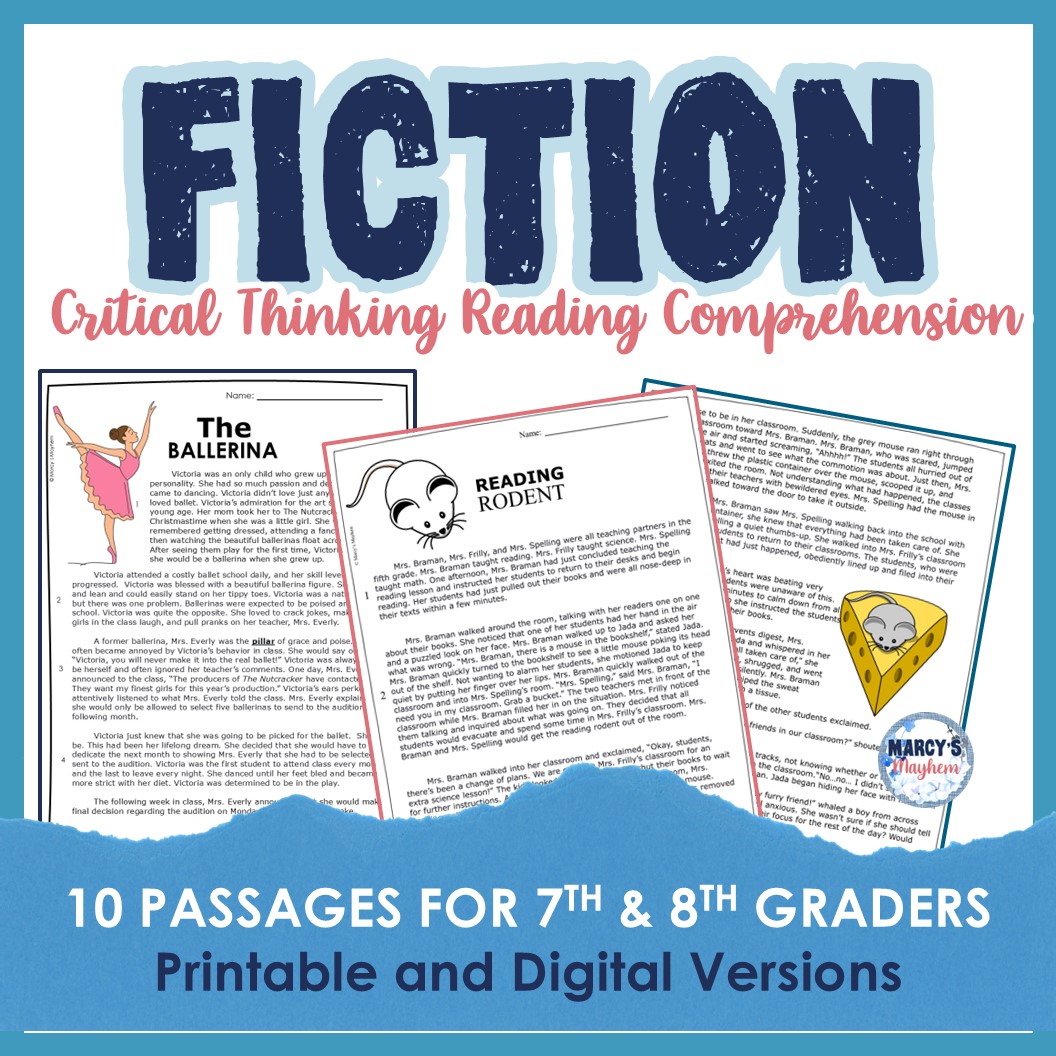 Marcy's Mayhem 7th and 8th Grade Reading Comprehension Passage Packet Critical Thinking Activities