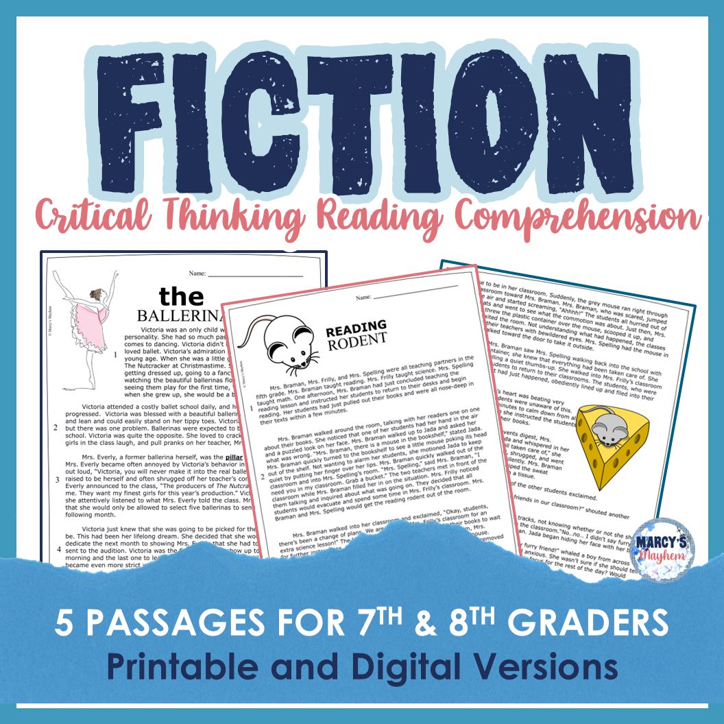 Marcy's Mayhem 7th and 8th Grade Reading Comprehension Passage Packet Critical Thinking Activities